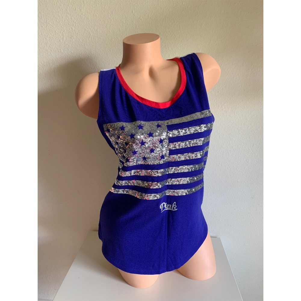 Victoria’s Secret PINK American Flag Tank Top Tee Star Stripe Sequin Bling XS